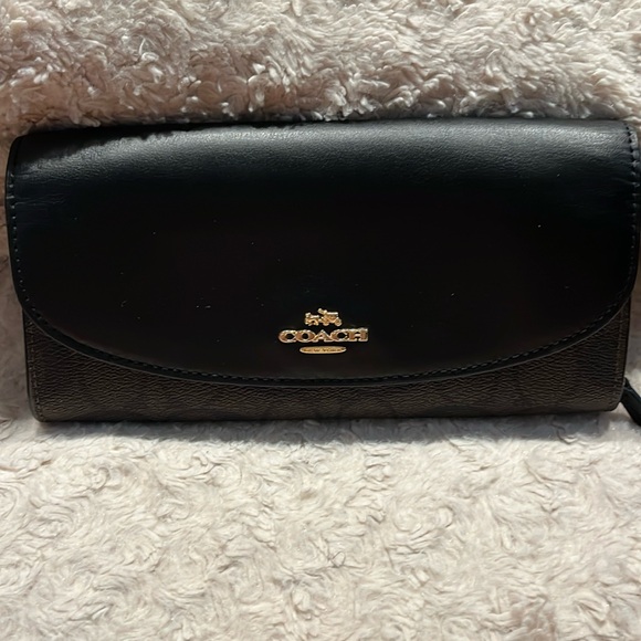 Coach Wallet, Black Leather with blk & brown coated canvas - Picture 1 of 5